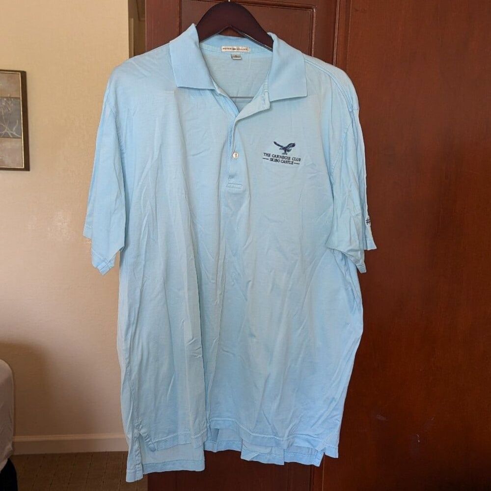 Peter Millar Size XL‎ Baby Blue 100% Cotton Polo The Carnegie Club Skibo Castle